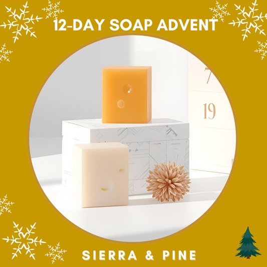 12-Day Soap Advent calendar with soaps and decorative elements on a yellow background.