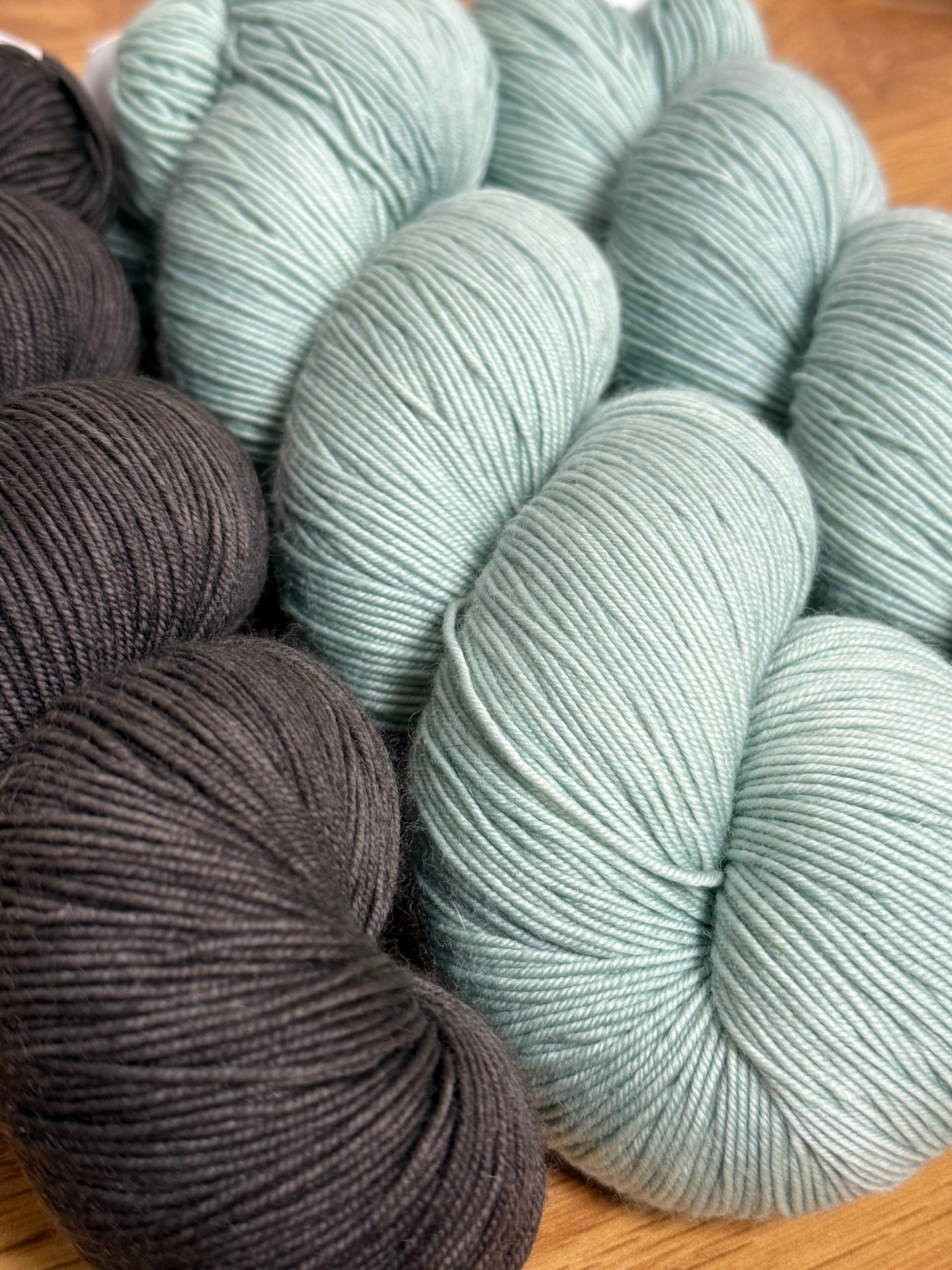 DESTASH: Miss Babs Keira Sport-weight yarns in colors Walnut (1) & Palm Valley (2)