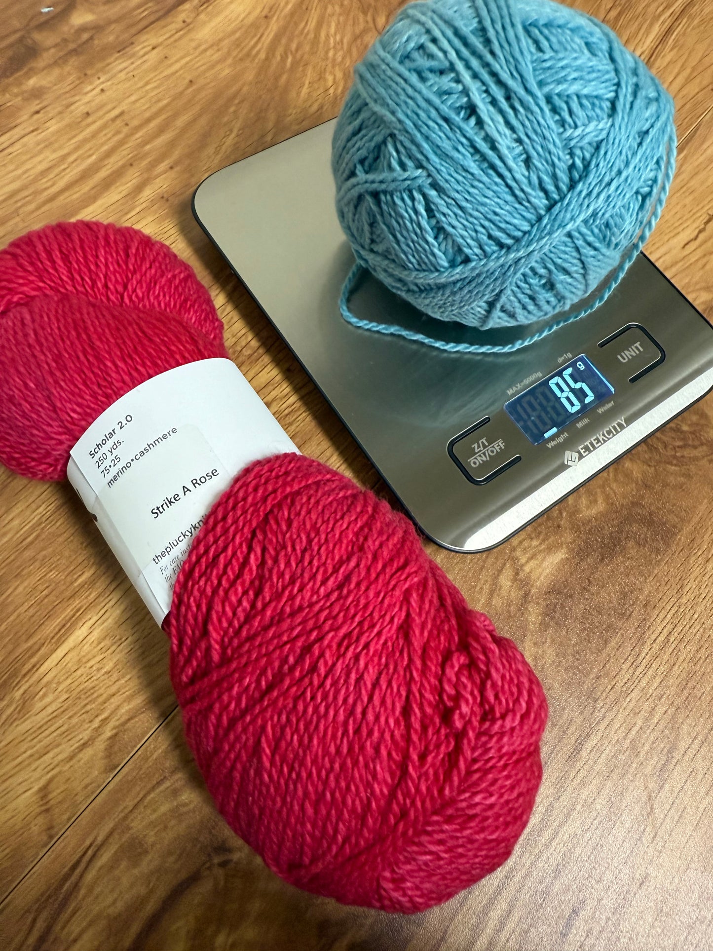 DESTASH: 1.85 skeins of The Plucky Knitter Scholar 2.0 in colorways Strike A Rose (Bright Pink) and Electric Blue