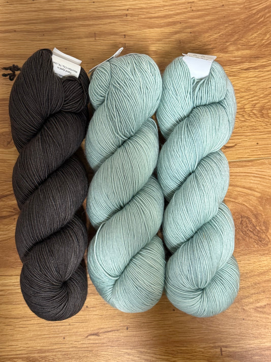 DESTASH: Miss Babs Keira Sport-weight yarns in colors Walnut (1) & Palm Valley (2)