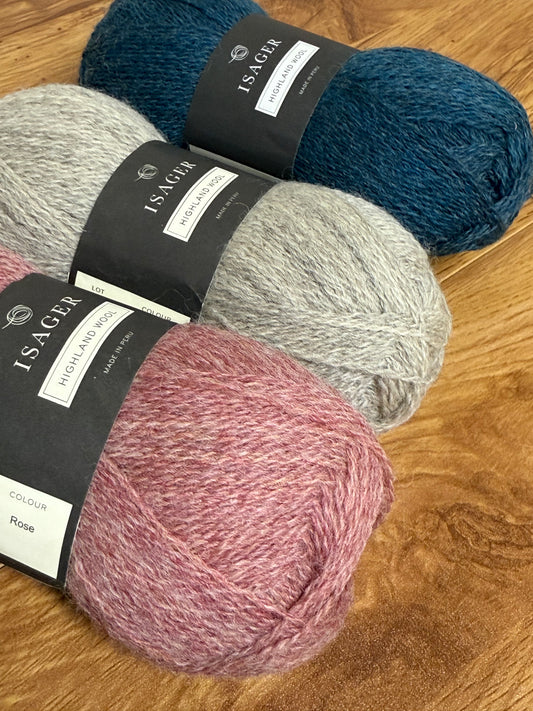 DESTASH: 3 skeins of Isager Highland Wool in colorway Rose, Sand, and Greece