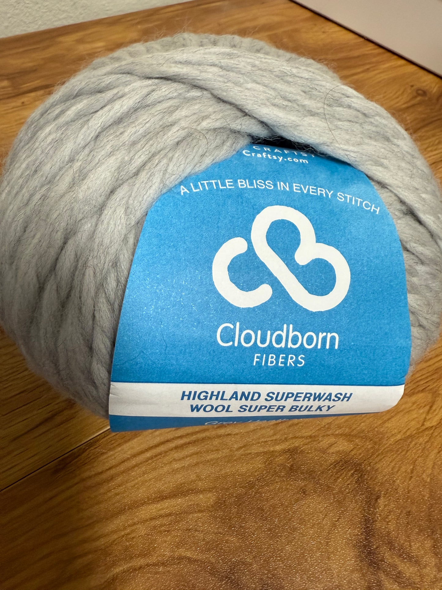 DESTASH: 1 skein of Cloudborn Fibers Highland Superwash Wool Super Bulky in light gray