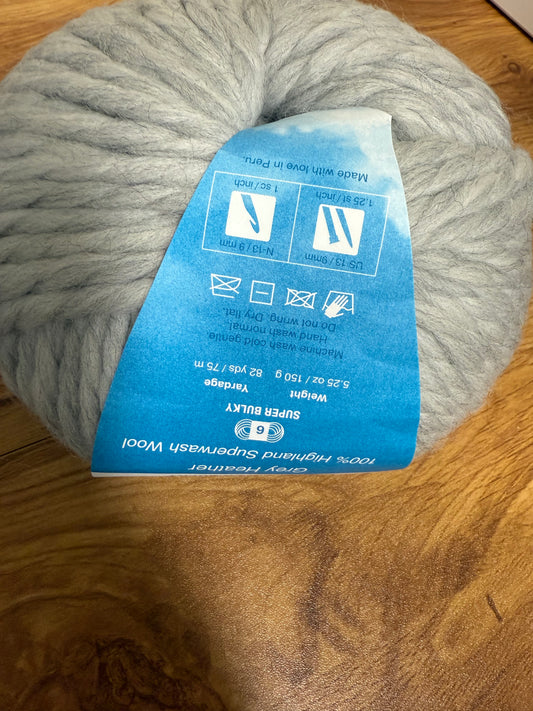 DESTASH: 1 skein of Cloudborn Fibers Highland Superwash Wool Super Bulky in light gray