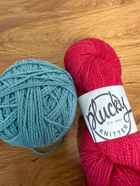 DESTASH: 1.85 skeins of The Plucky Knitter Scholar 2.0 in colorways Strike A Rose (Bright Pink) and Electric Blue
