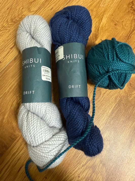 DESTASH: 2.8 skeins of Shubui Knits Drift in Gray, Navy and Teal