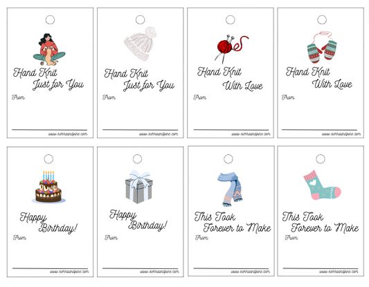 Free Downloadable Gift Tags for Knitted Items by Sierra and Pine.