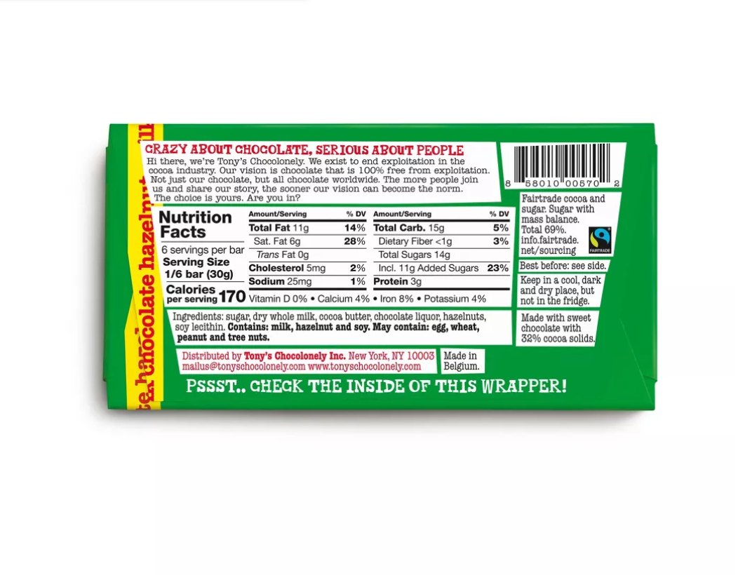 Tony's Chocolonely Milk Chocolate Hazelnut Bar