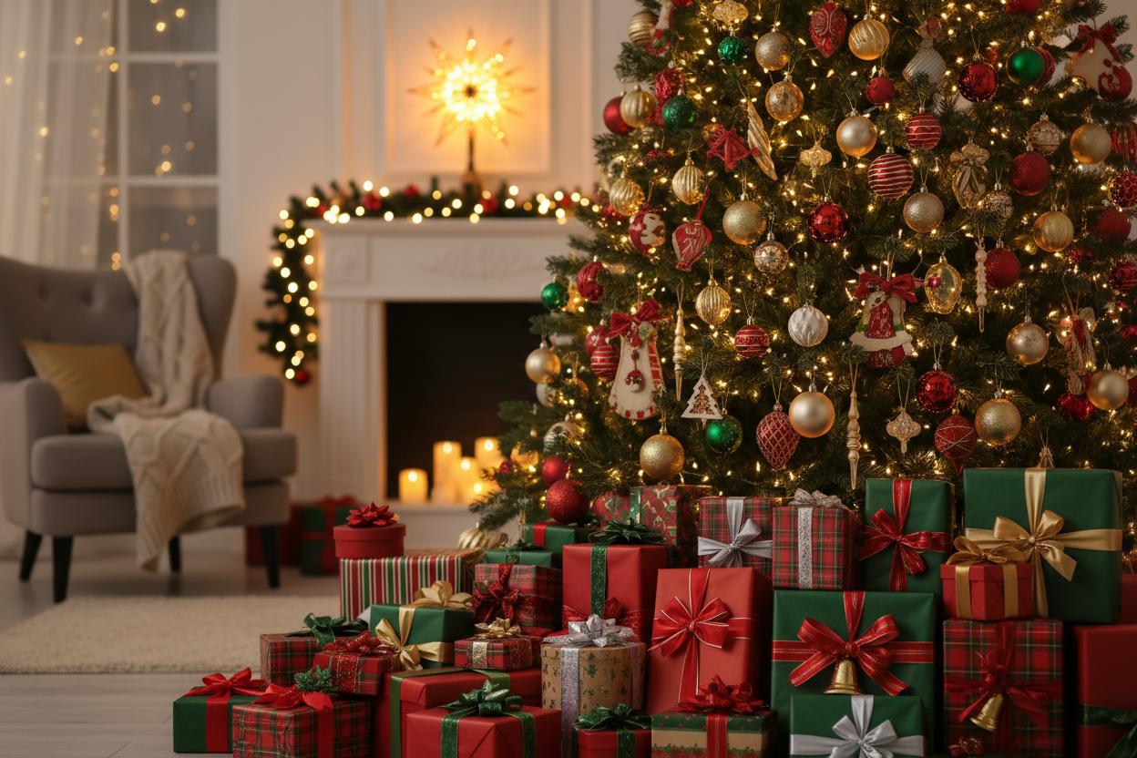 an image of holiday gifts under the christmas tree